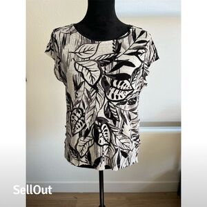 🔖🔖CLEARANCE 🔖🔖Tahari Women's M Black Floral Linen Blouse Short Sleeve Casual Top